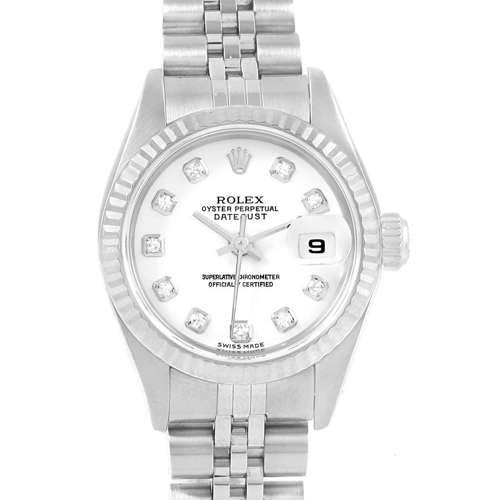 The image shows a front view of the Rolex Datejust 79174 Women's Stainless Steel White Dial 79174 Women's Stainless Steel White Dial watch, including its bracelet, bezel, dial, and crown.