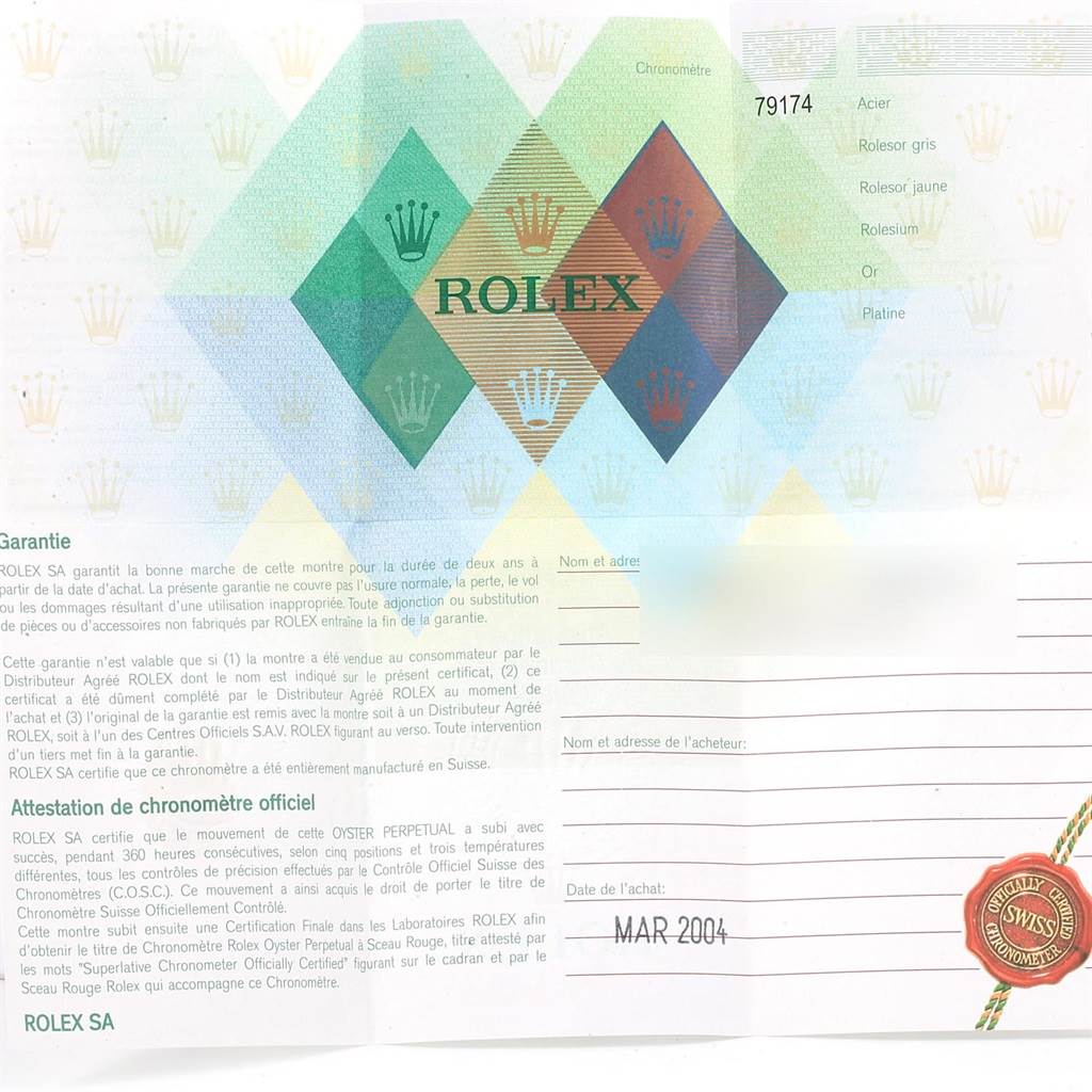 The image shows the warranty card for a Rolex Datejust 79174 Women's Stainless Steel White Dial 79174 Women's Stainless Steel White Dial watch, including model number 79174, purchase date, and authenticity seal.