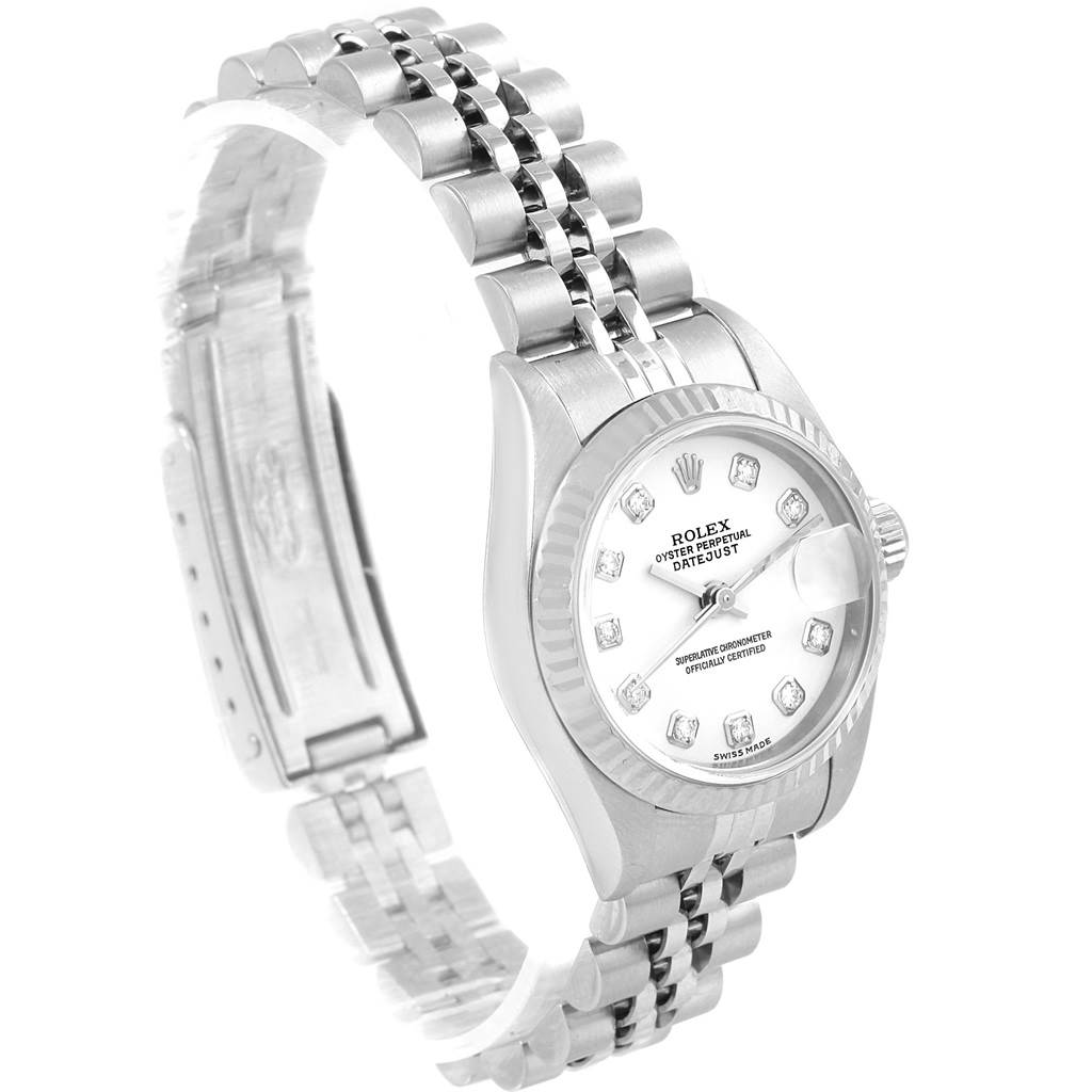 The Rolex Datejust 79174 Women's Stainless Steel White Dial 79174 Women's Stainless Steel White Dial watch is shown at an angled view, featuring its face, bezel, and bracelet.