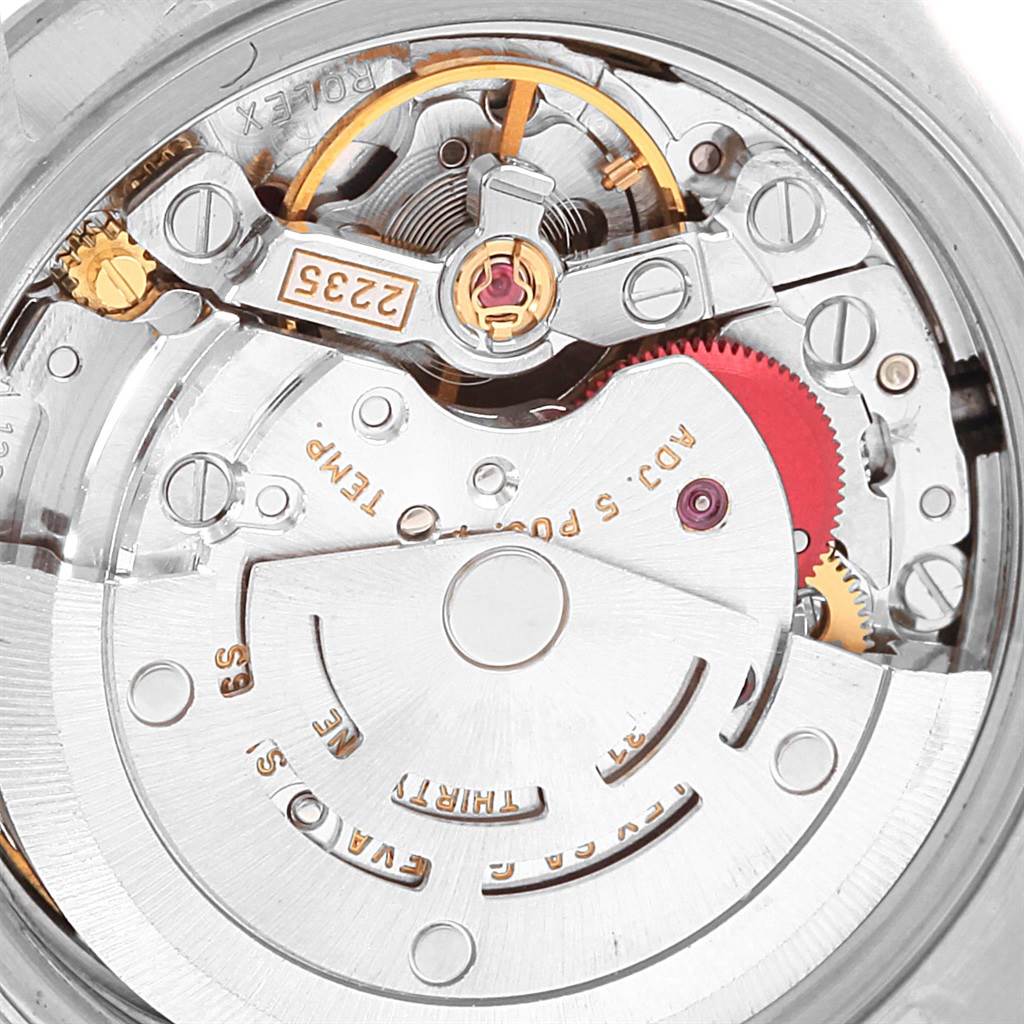 This image shows the internal mechanism of a Rolex Datejust 79174 Women's Stainless Steel White Dial 79174 Women's Stainless Steel White Dial watch, highlighting gears and the rotor.