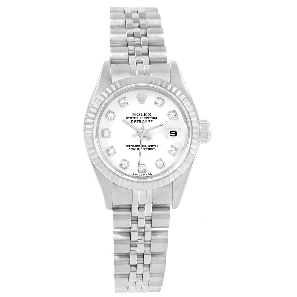 This Rolex Datejust 79174 Women's Stainless Steel White Dial 79174 Women's Stainless Steel White Dial watch is shown from a top-down angle, displaying the entire face, bezel, crown, and bracelet.