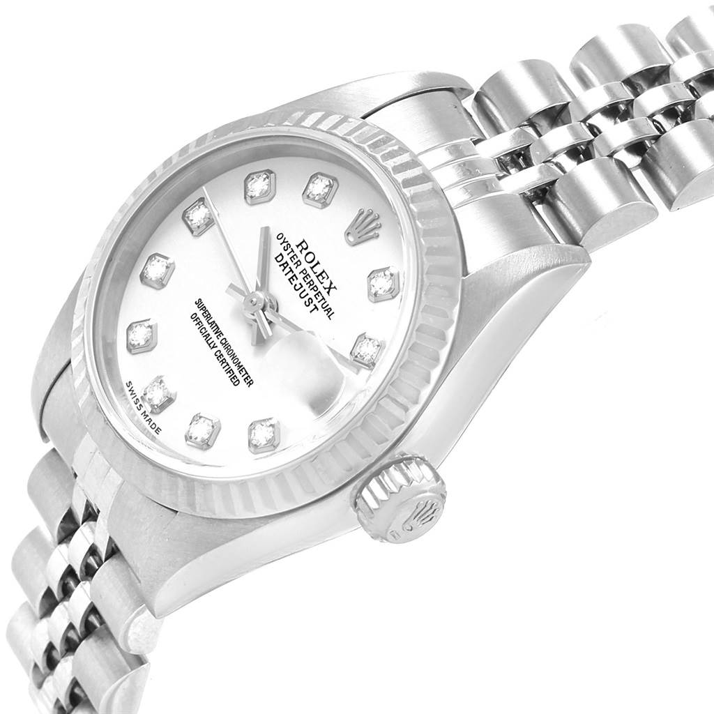 The image shows a close-up side angle of a Rolex Datejust 79174 Women's Stainless Steel White Dial 79174 Women's Stainless Steel White Dial watch, highlighting the dial, crown, and part of the bracelet.