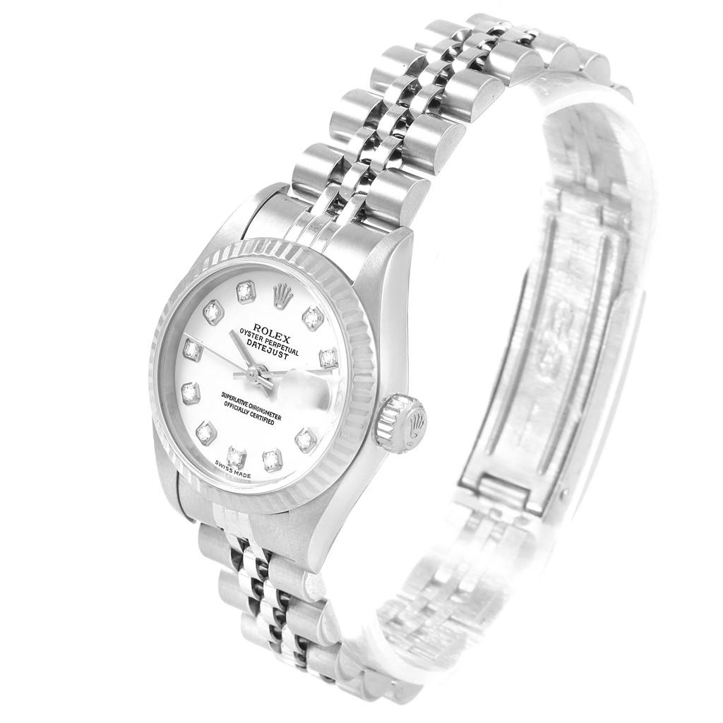 The image shows a Rolex Datejust 79174 Women's Stainless Steel White Dial 79174 Women's Stainless Steel White Dial watch at an angled view, highlighting the dial, bezel, crown, and bracelet.