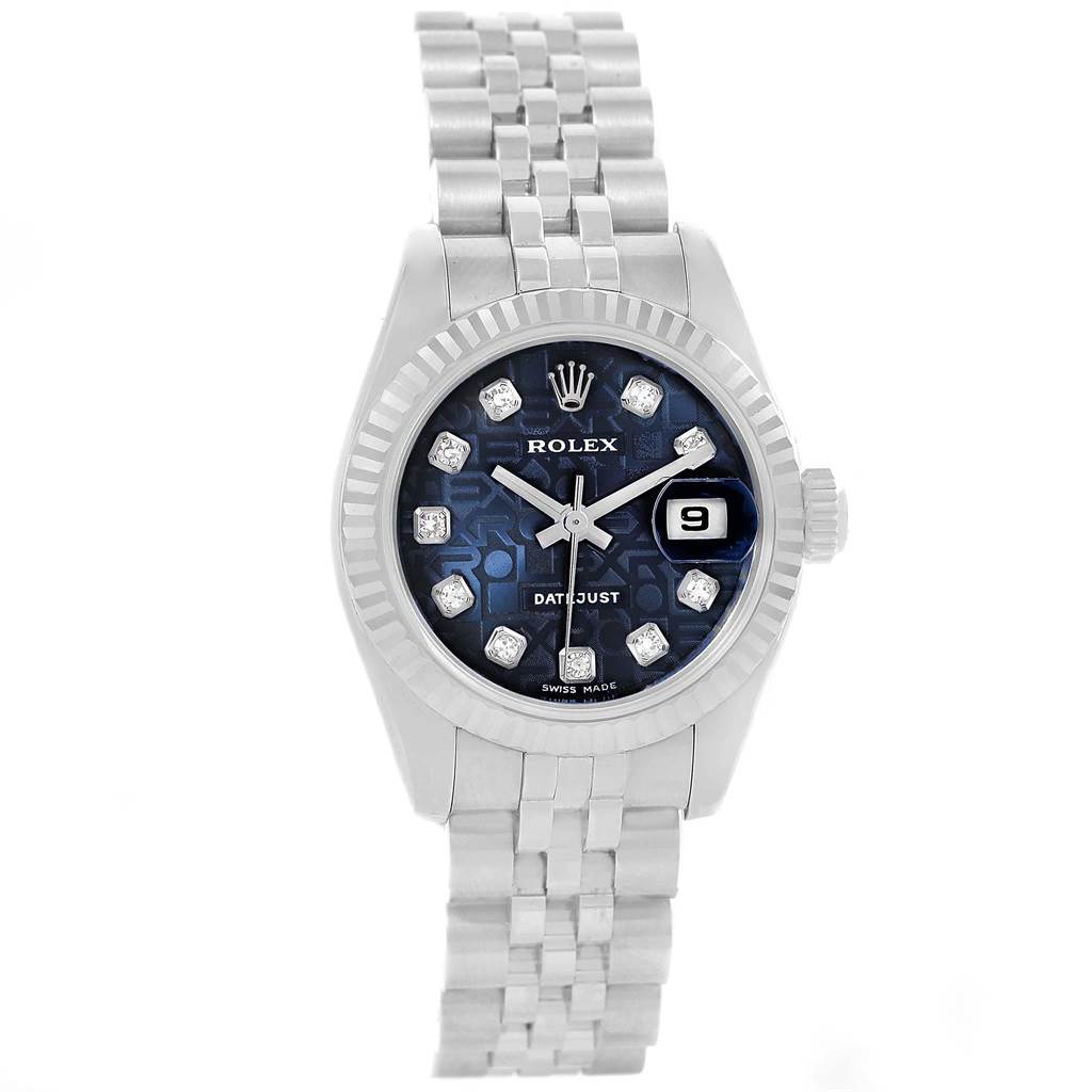 This image shows a frontal view of the Rolex Datejust 179174 Women's Stainless Steel Blue Dial 179174 Women's Stainless Steel Blue Dial watch, displaying the face, bezel, crown, and part of the bracelet.