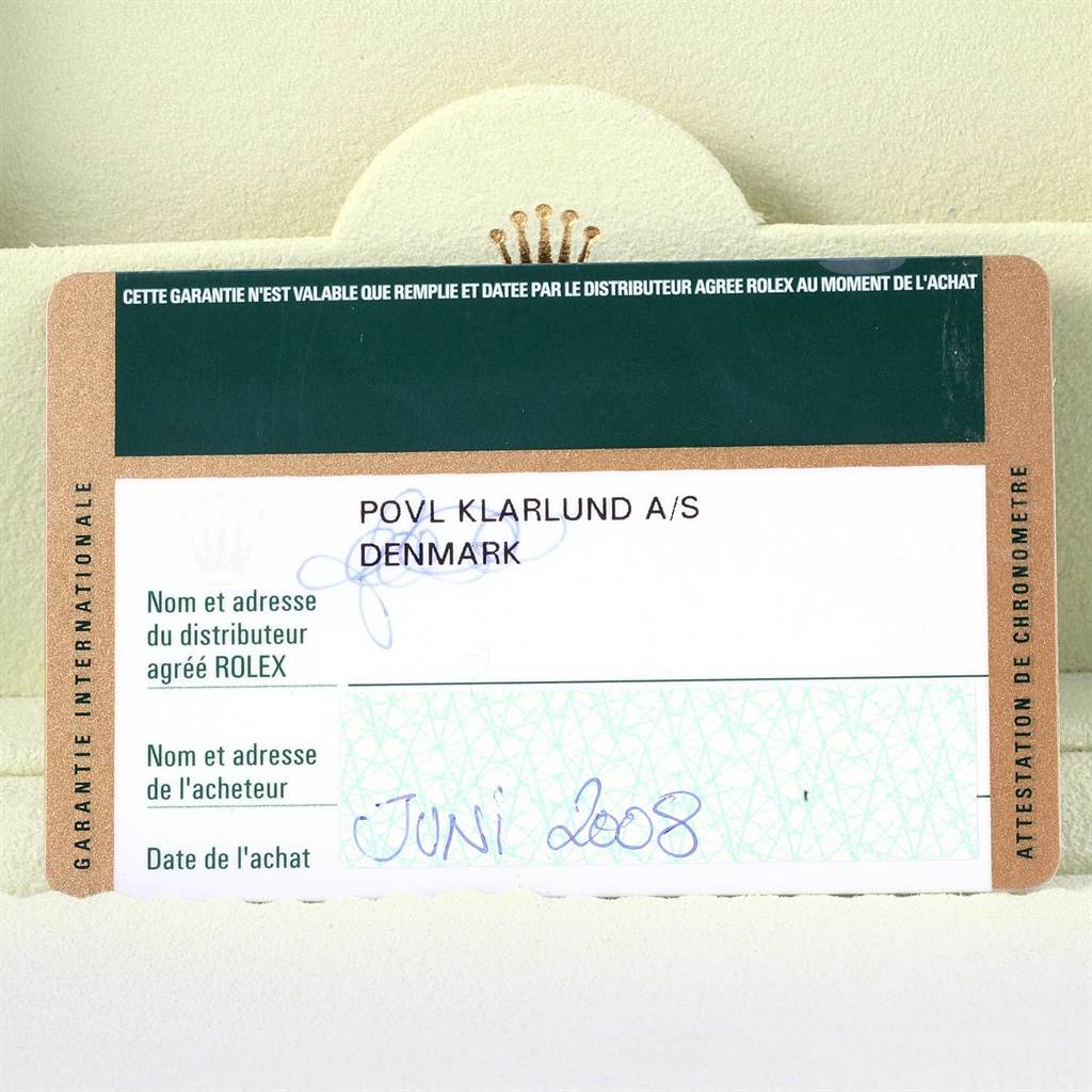 This image shows the warranty card for a Rolex Datejust 179174 Women's Stainless Steel Blue Dial 179174 Women's Stainless Steel Blue Dial, highlighting details like the distributor's name, country, and the purchase date.