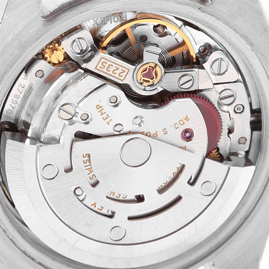 This image depicts the internal mechanical movement of a Rolex Datejust 179171 Women
s Steel and Gold (two tone) Pink Dial 179171 Women
s Steel and Gold (two tone) Pink Dial watch, viewed from the case back.