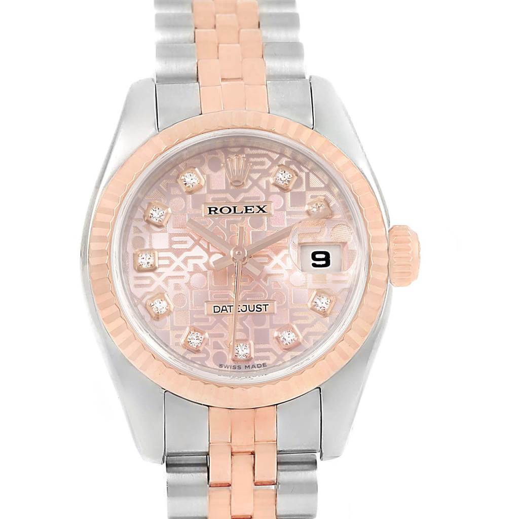 This image shows a Rolex Datejust 179171 Women
s Steel and Gold (two tone) Pink Dial 179171 Women
s Steel and Gold (two tone) Pink Dial watch face and partial bracelet from a front angle.