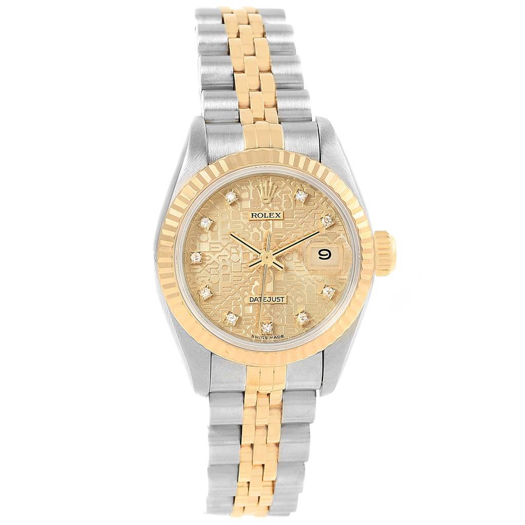 The image shows a Rolex Datejust 69173 Women's Stainless Steel Champagne Dial 69173 Women's Stainless Steel Champagne Dial watch from the front, highlighting its two-tone bracelet and diamond hour markers.