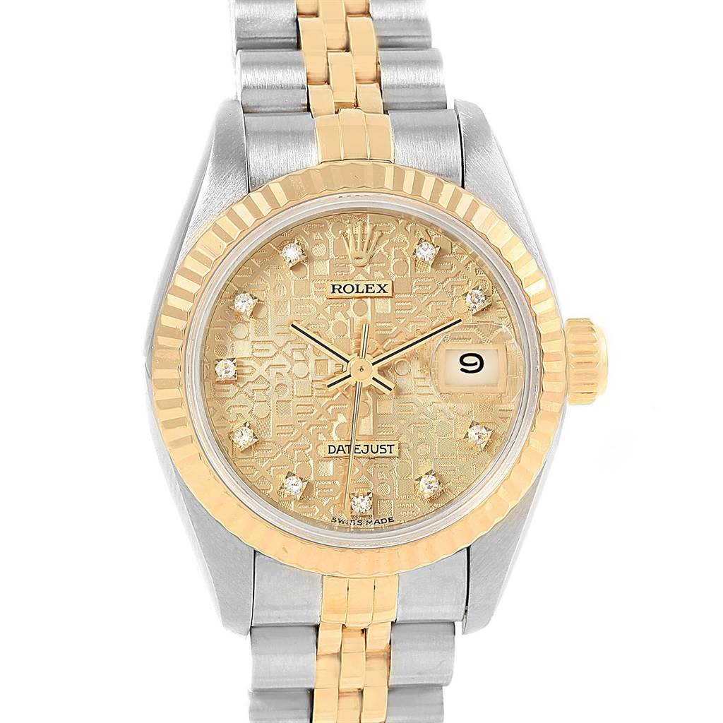 The image shows a Rolex Datejust 69173 Women's Stainless Steel Champagne Dial 69173 Women's Stainless Steel Champagne Dial watch from a top-down angle, highlighting its bracelet, bezel, dial, and date window.