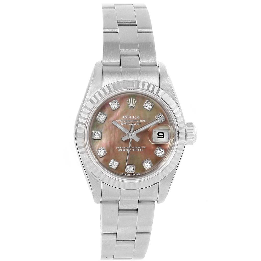 This image shows a Rolex Datejust 79174 Women
s Stainless Steel Mother of Pearl Dial 79174 Women
s Stainless Steel Mother of Pearl Dial watch in a frontal view, displaying the mother-of-pearl dial, diamond hour markers, and date window.