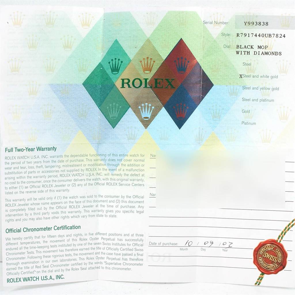 The image shows the warranty certificate and details for a Rolex Datejust 79174 Women
s Stainless Steel Mother of Pearl Dial 79174 Women
s Stainless Steel Mother of Pearl Dial watch, including the serial and model numbers, and specifications.