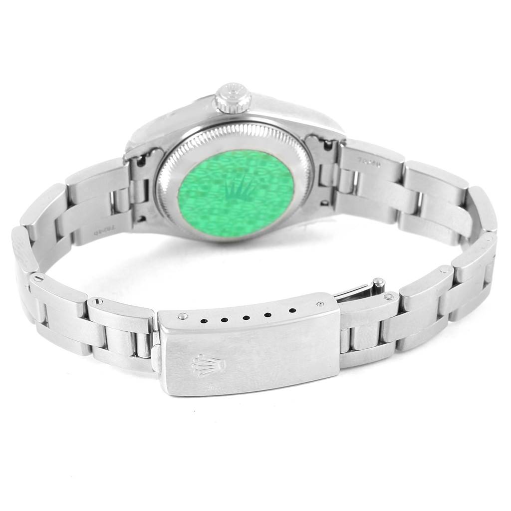 The image shows the back view of the Rolex Datejust 79174 Women
s Stainless Steel Mother of Pearl Dial 79174 Women
s Stainless Steel Mother of Pearl Dial watch, highlighting the case back and bracelet clasp.