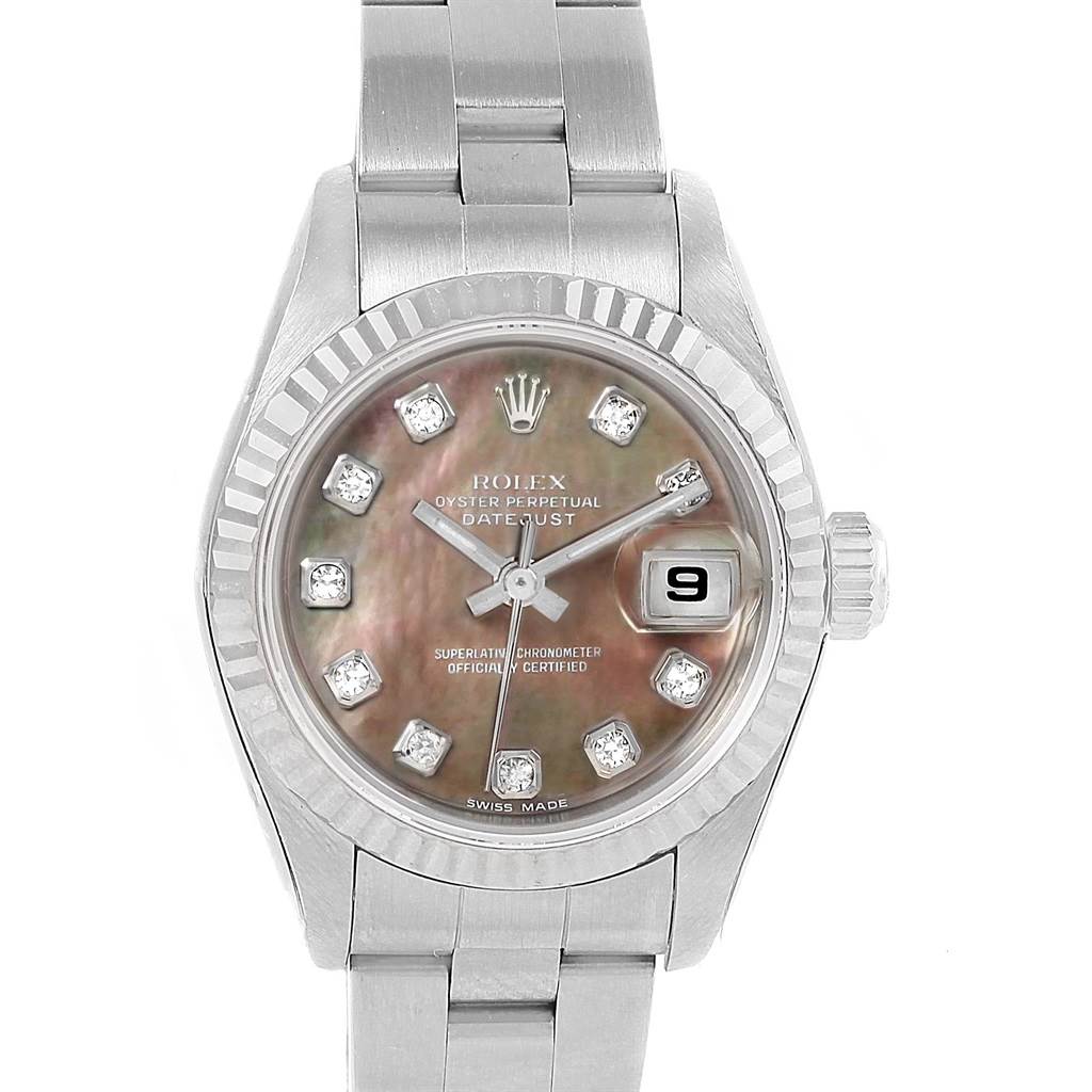 The image shows a frontal view of the Rolex Datejust 79174 Women
s Stainless Steel Mother of Pearl Dial 79174 Women
s Stainless Steel Mother of Pearl Dial watch, highlighting its face, bezel, and bracelet.