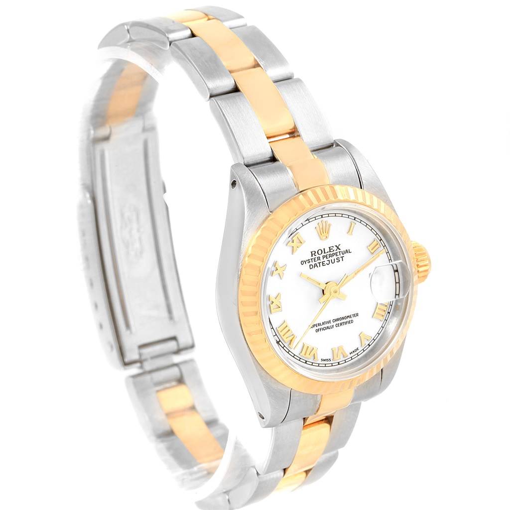 The Rolex Datejust 69173 Women
s Stainless Steel White Dial 69173 Women
s Stainless Steel White Dial watch is shown at a three-quarter angle, highlighting the face, bezel, and two-tone bracelet.