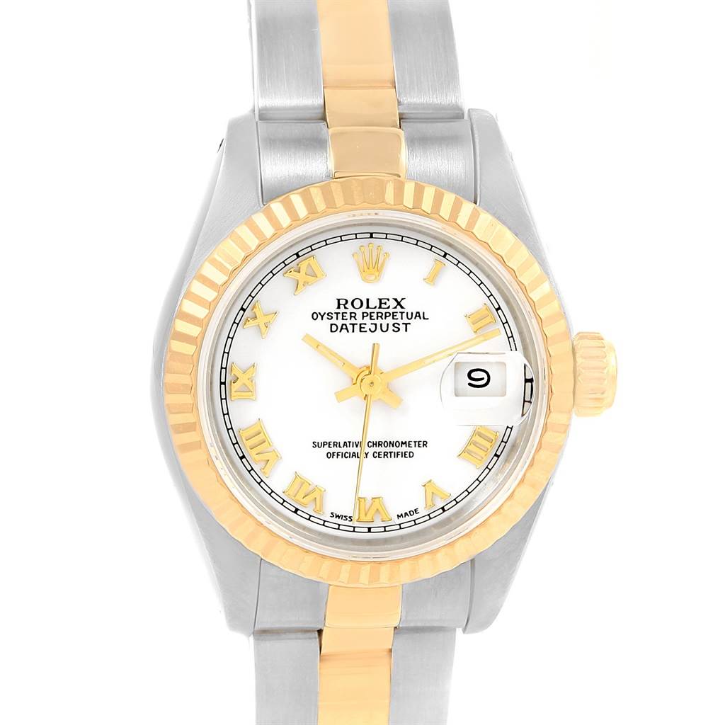 This image shows a Rolex Datejust 69173 Women
s Stainless Steel White Dial 69173 Women
s Stainless Steel White Dial watch from a frontal angle, highlighting its dial, bezel, and part of the bracelet.