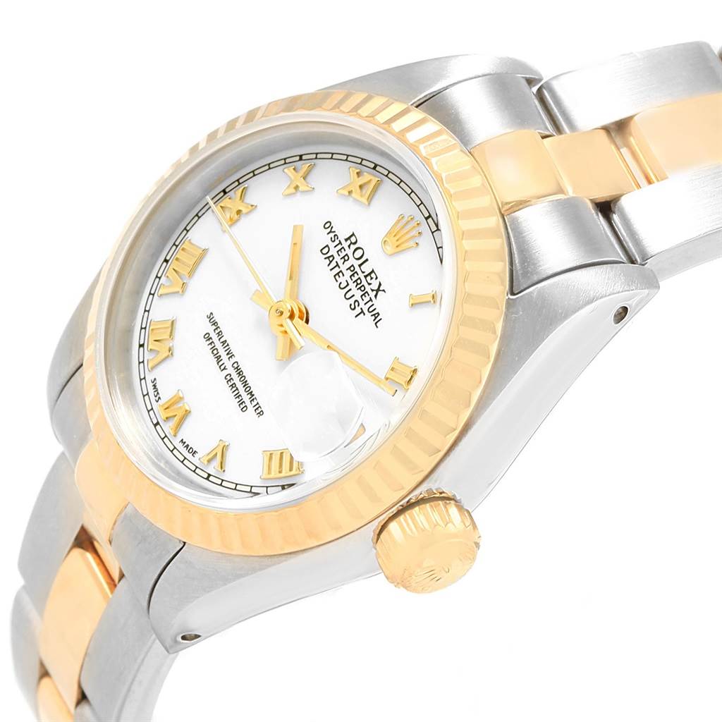 The image shows a side angle of the Rolex Datejust 69173 Women
s Stainless Steel White Dial 69173 Women
s Stainless Steel White Dial, highlighting the crown, bezel, and part of the bracelet.
