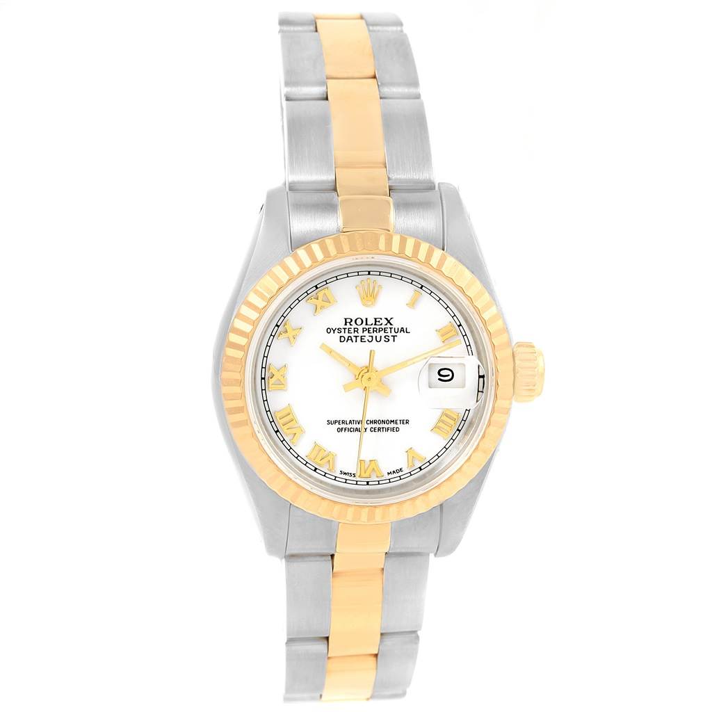 The image shows a Rolex Datejust 69173 Women
s Stainless Steel White Dial 69173 Women
s Stainless Steel White Dial watch at a front angle, displaying the dial, bezel, and bracelet.
