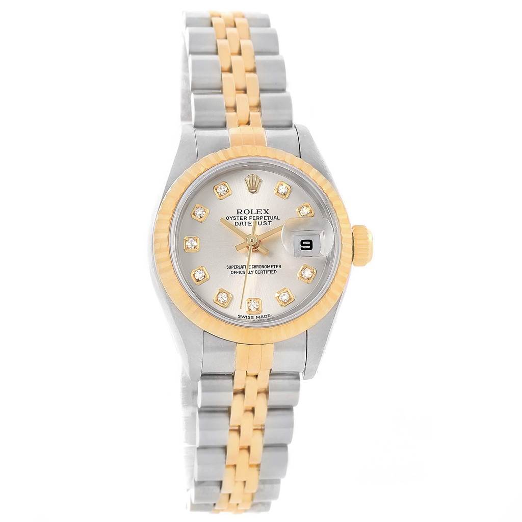 This image shows a frontal view of a Rolex Datejust 79173 Women's Stainless Steel Silver Dial 79173 Women's Stainless Steel Silver Dial watch with a two-tone bracelet and diamond hour markers.