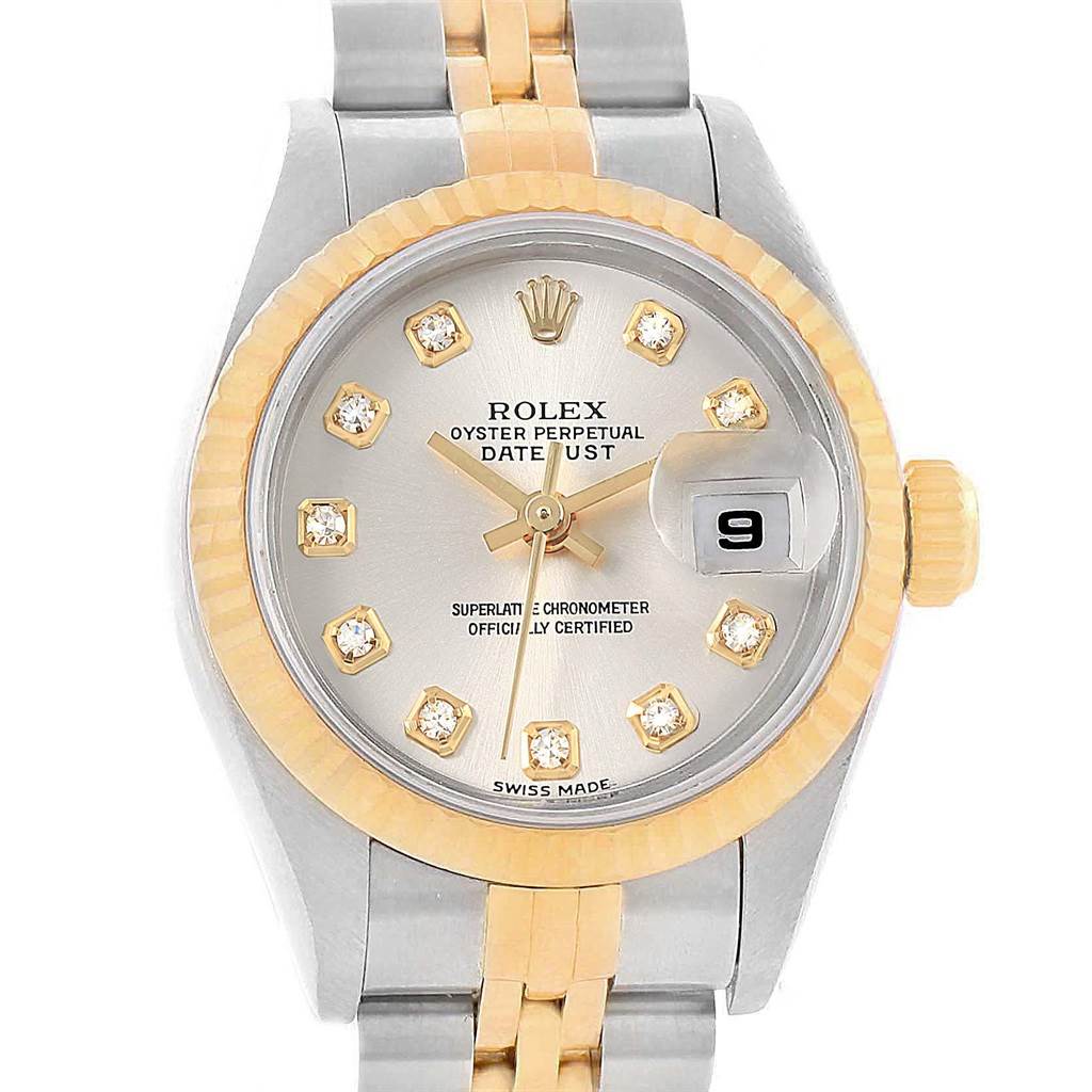 The image shows a front view of the Rolex Datejust 79173 Women's Stainless Steel Silver Dial 79173 Women's Stainless Steel Silver Dial watch, displaying the face, bezel, and part of the bracelet.