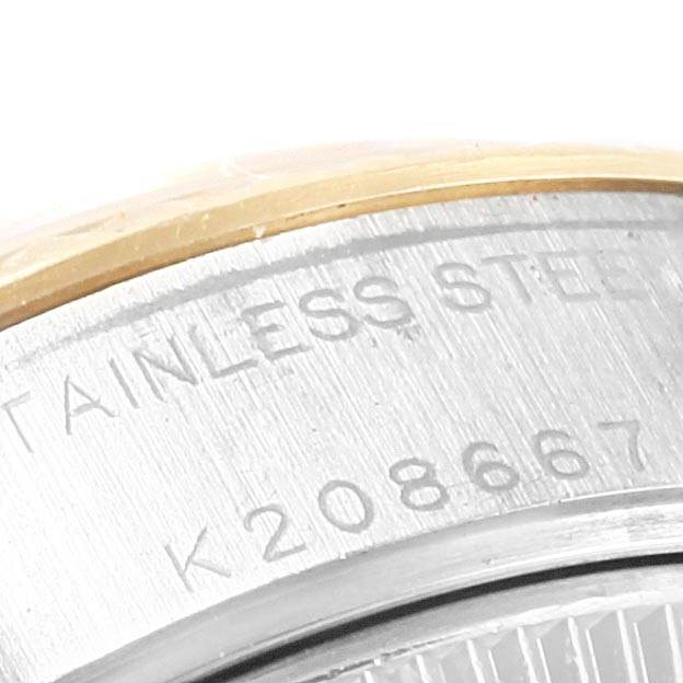 The image shows a close-up angle of the stainless steel back and serial number of a Rolex Datejust 79173 Women's Stainless Steel Silver Dial 79173 Women's Stainless Steel Silver Dial watch.