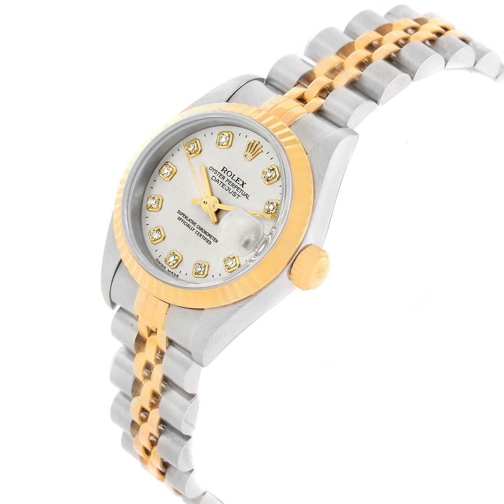 The image shows a Rolex Datejust 79173 Women's Stainless Steel Silver Dial 79173 Women's Stainless Steel Silver Dial watch from an angled perspective, highlighting the face, bezel, and partial bracelet.