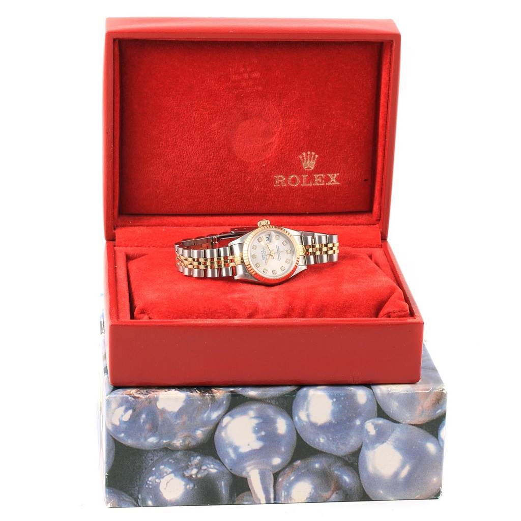 The Rolex Datejust 79173 Women's Stainless Steel Silver Dial 79173 Women's Stainless Steel Silver Dial watch is shown in its open red box, displaying the face and bracelet.