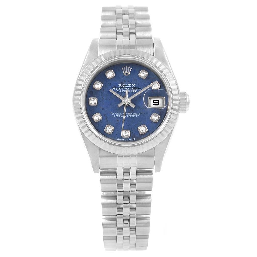 The image shows the front view of a Rolex Datejust 79174 Women's Stainless Steel Blue Dial 79174 Women's Stainless Steel Blue Dial watch, displaying the dial, bezel, and bracelet.