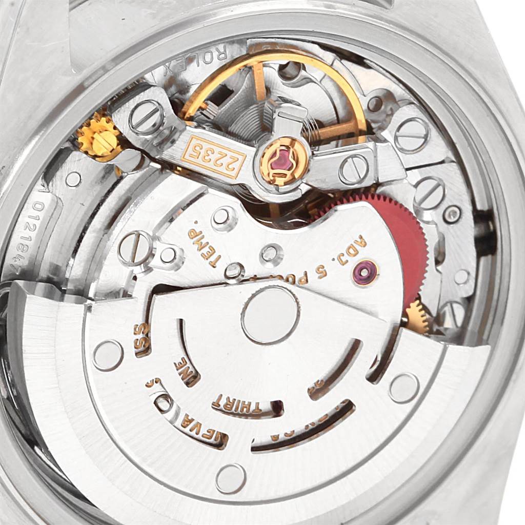 This image shows the inner movement components of the Rolex Datejust 79174 Women's Stainless Steel Blue Dial 79174 Women's Stainless Steel Blue Dial watch from a close-up, rear angle.