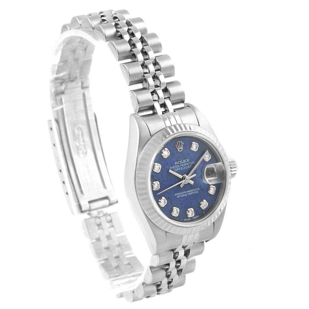 This Rolex Datejust 79174 Women's Stainless Steel Blue Dial 79174 Women's Stainless Steel Blue Dial watch is shown at an angled front view, highlighting the dial, crown, and bracelet.
