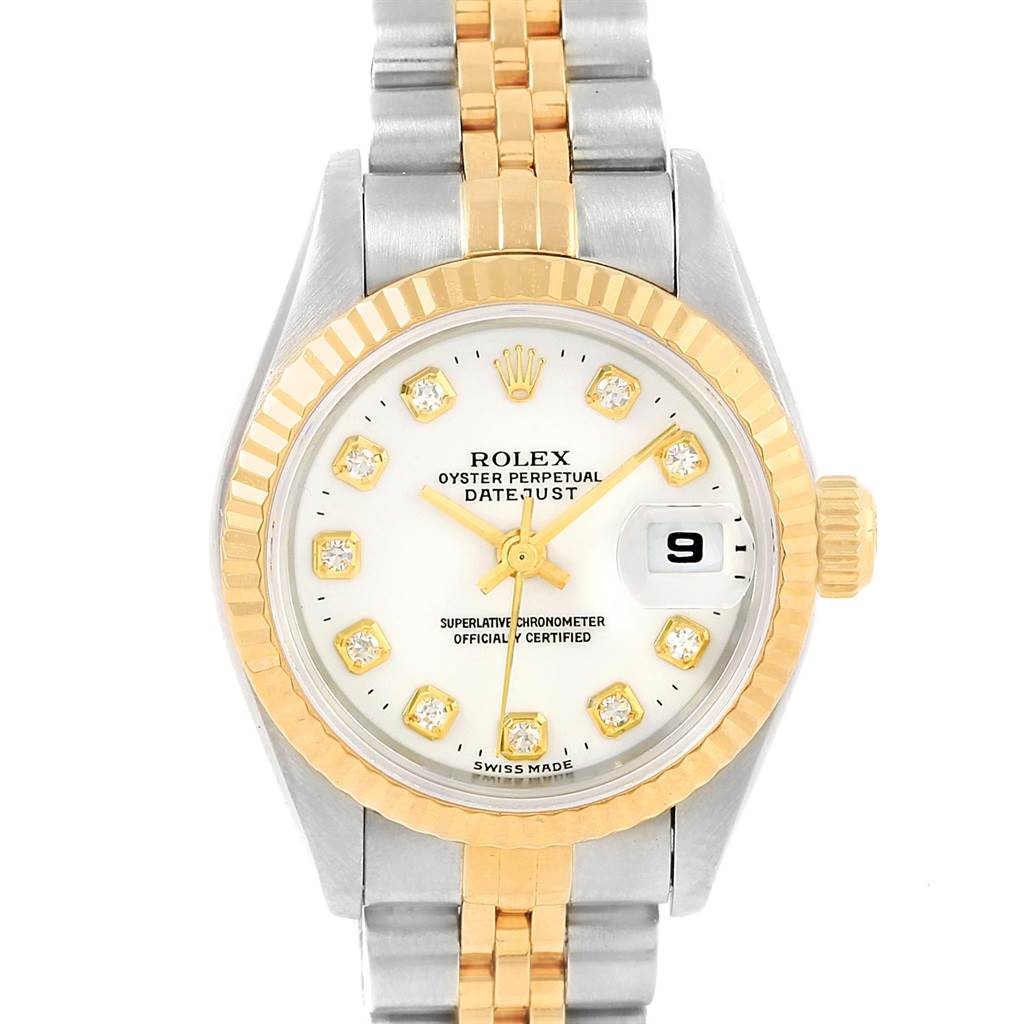 The image shows a front view of a Rolex Datejust 69173 Women's Stainless Steel White Dial 69173 Women's Stainless Steel White Dial watch, displaying the dial, bezel, and part of the band.
