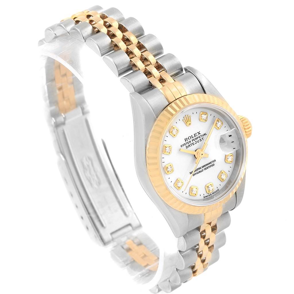 This image shows a Rolex Datejust 69173 Women's Stainless Steel White Dial 69173 Women's Stainless Steel White Dial watch from an angled side view, highlighting the dial, bracelet, and crown.