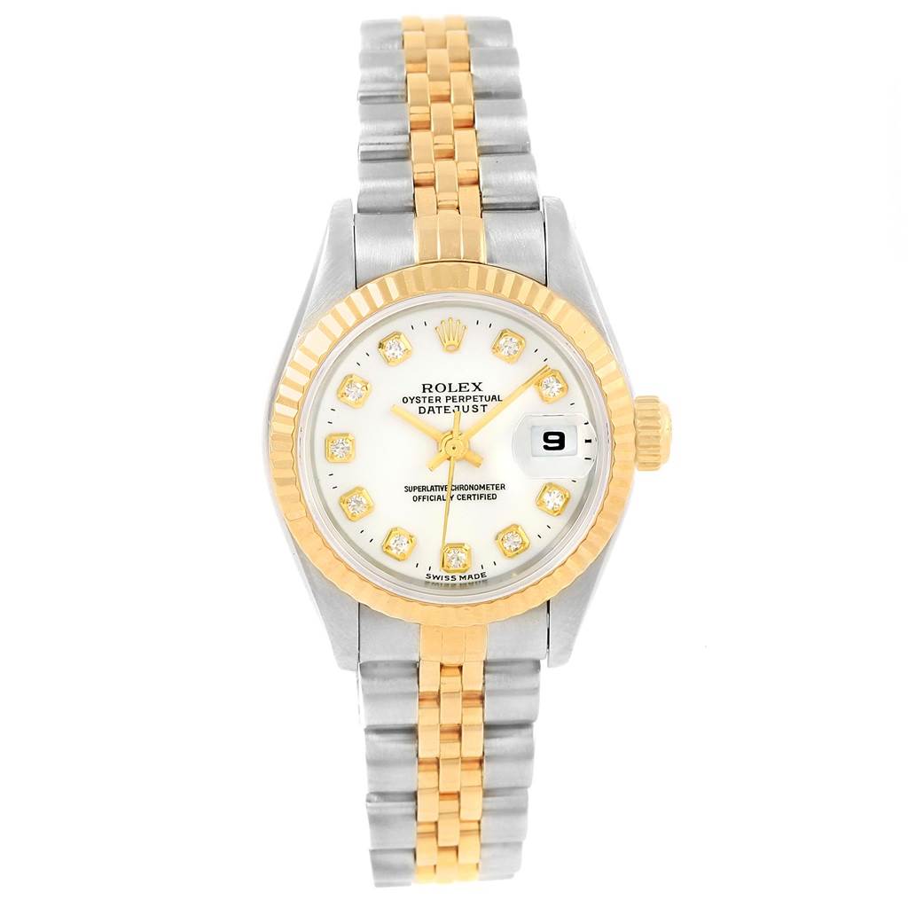 This image shows a Rolex Datejust 69173 Women's Stainless Steel White Dial 69173 Women's Stainless Steel White Dial watch from a top-down angle, highlighting the face, bezel, and full bracelet.