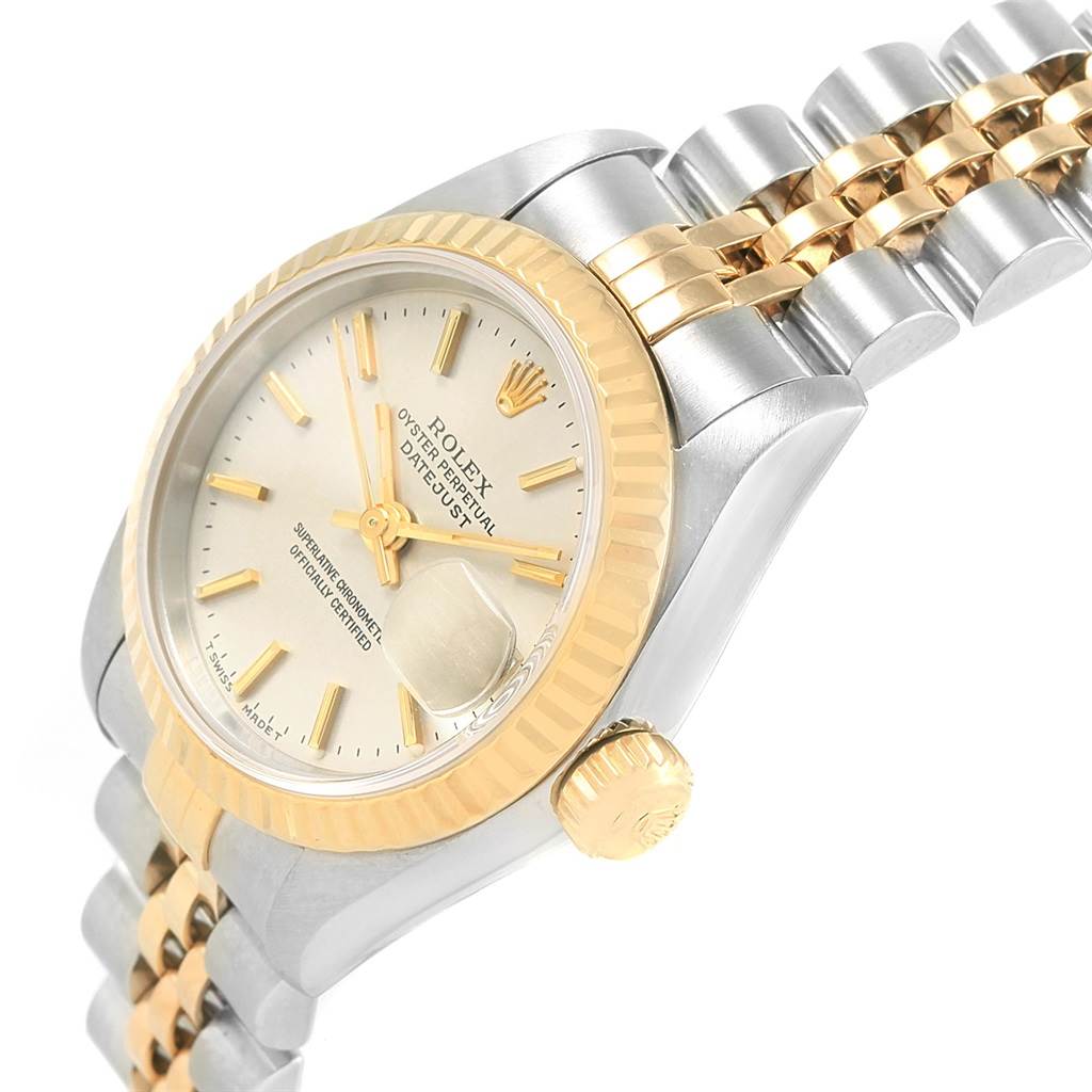 The image shows a side angle of the Rolex Datejust 69173 Women's Stainless Steel Silver Dial 69173 Women's Stainless Steel Silver Dial watch, highlighting the dial, crown, and two-tone bracelet.