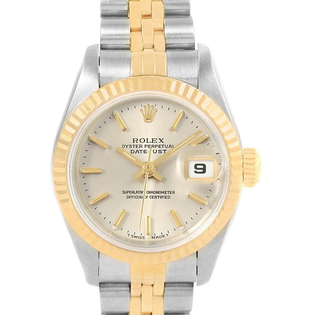 This image shows a front view of a Rolex Datejust 69173 Women's Stainless Steel Silver Dial 69173 Women's Stainless Steel Silver Dial watch, highlighting its face, bezel, and bracelet.