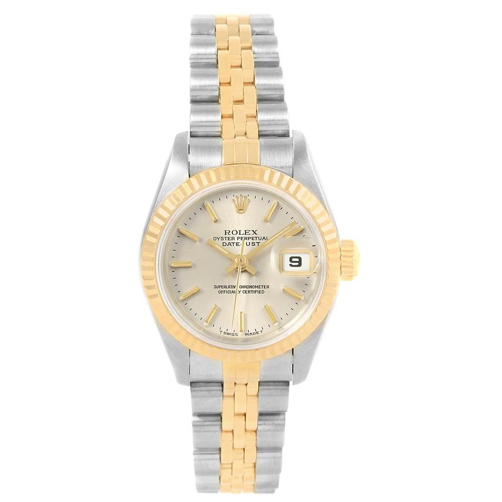 The Rolex Datejust 69173 Women's Stainless Steel Silver Dial 69173 Women's Stainless Steel Silver Dial watch is shown from a top-down angle, displaying its face, bezel, and two-tone bracelet.