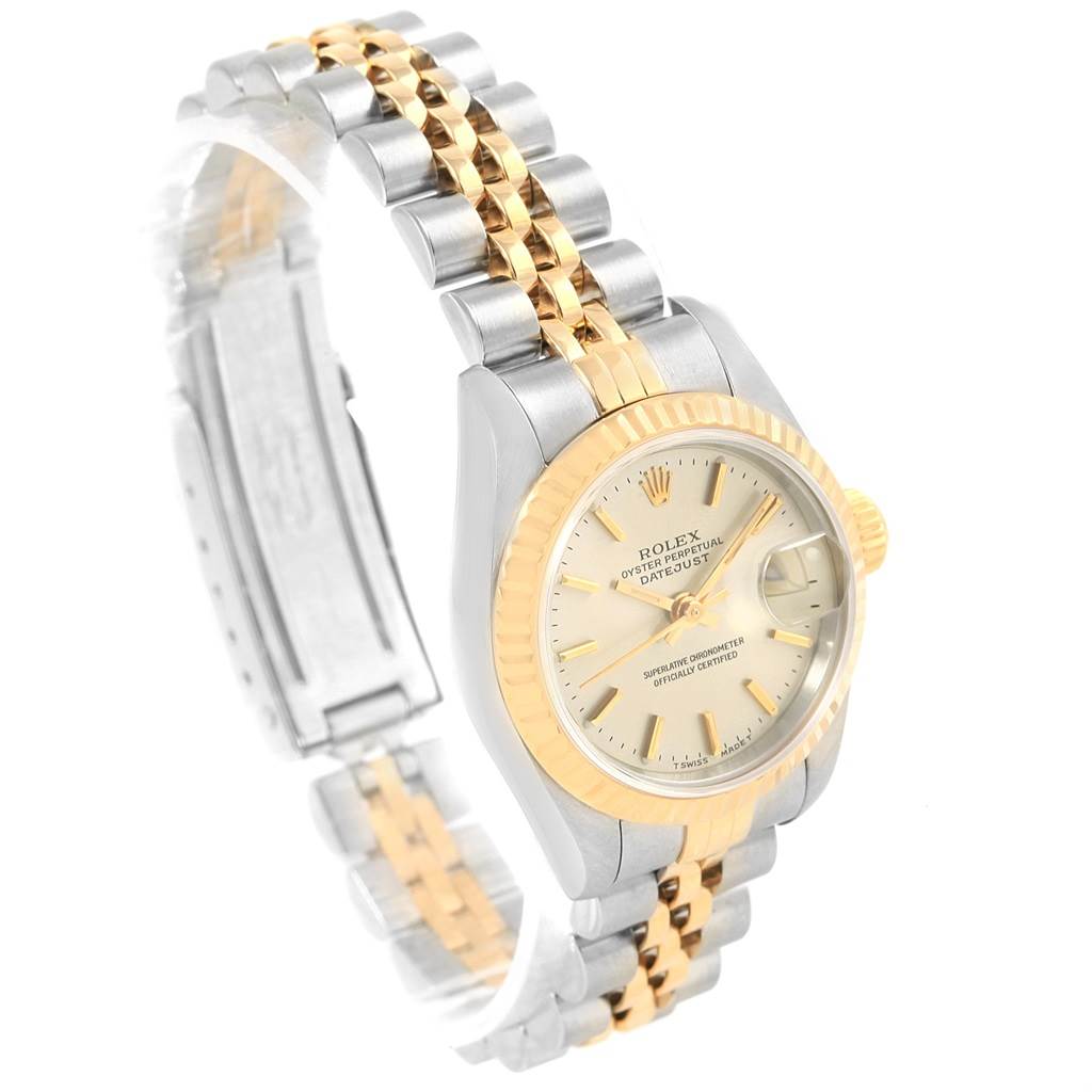 This Rolex Datejust 69173 Women's Stainless Steel Silver Dial 69173 Women's Stainless Steel Silver Dial watch is shown from a three-quarter angle, highlighting the face, bezel, and bracelet.