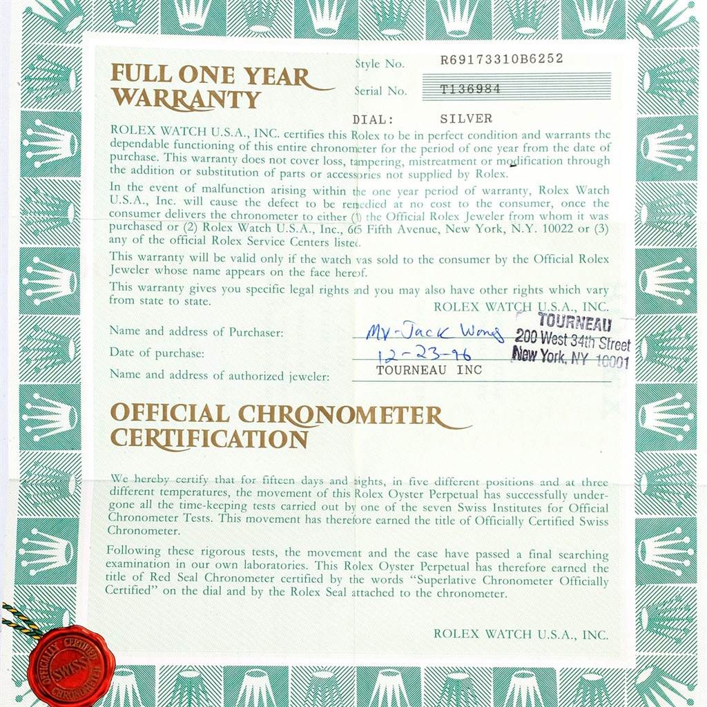 The image shows a full one-year warranty and official chronometer certification for a Rolex Datejust 69173 Women's Stainless Steel Silver Dial 69173 Women's Stainless Steel Silver Dial watch.
