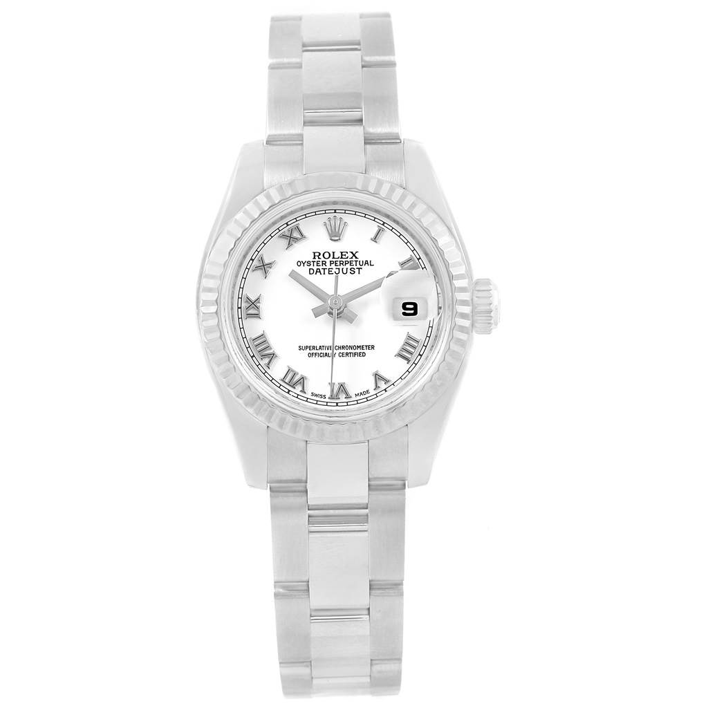 This image shows a Rolex Datejust 179174 Women
s Stainless Steel White Dial 179174 Women
s Stainless Steel White Dial watch from a front angle displaying its dial, bezel, bracelet, and date window.