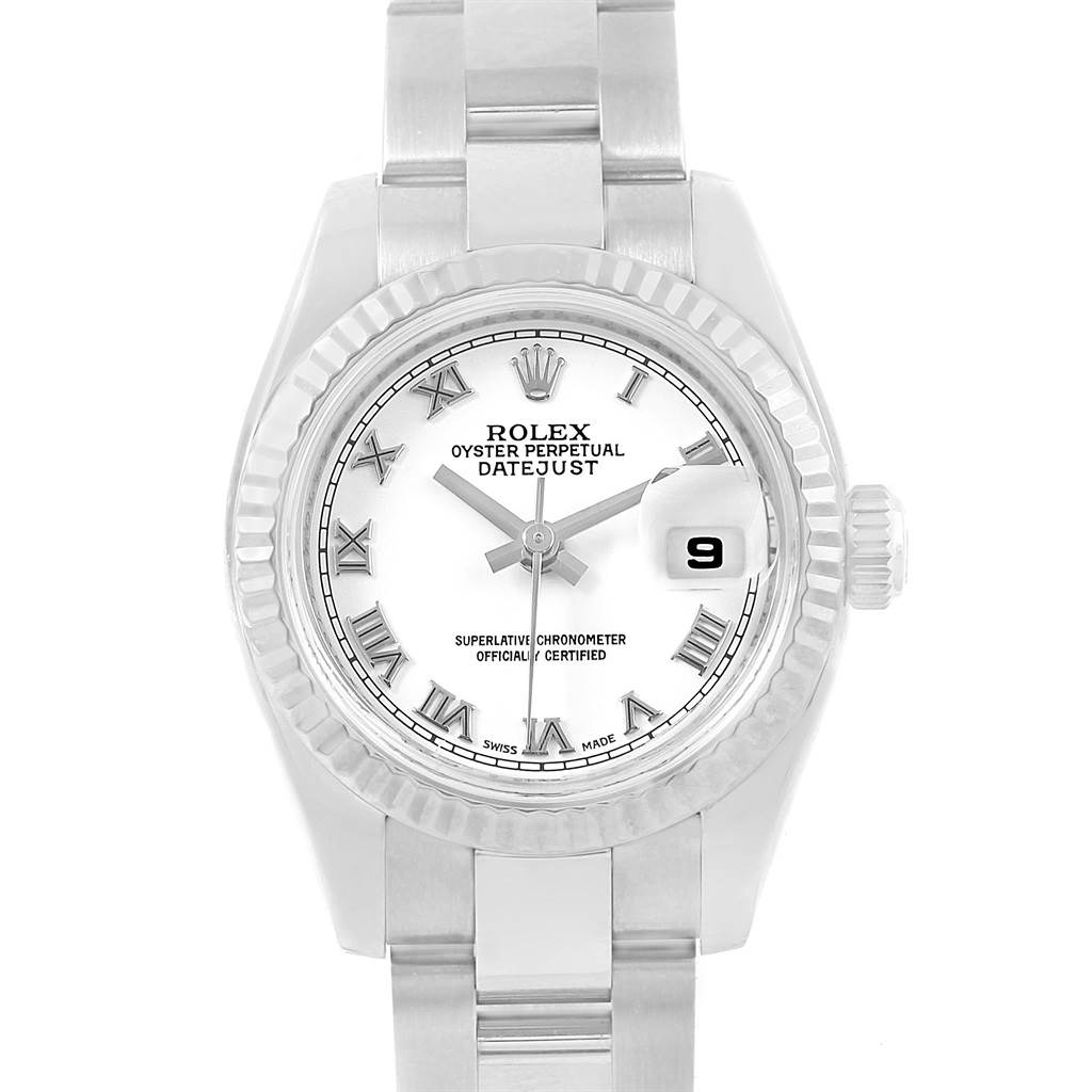 The image shows a front view of a Rolex Datejust 179174 Women
s Stainless Steel White Dial 179174 Women
s Stainless Steel White Dial watch displaying the dial, hands, bezel, crown, and part of the bracelet.