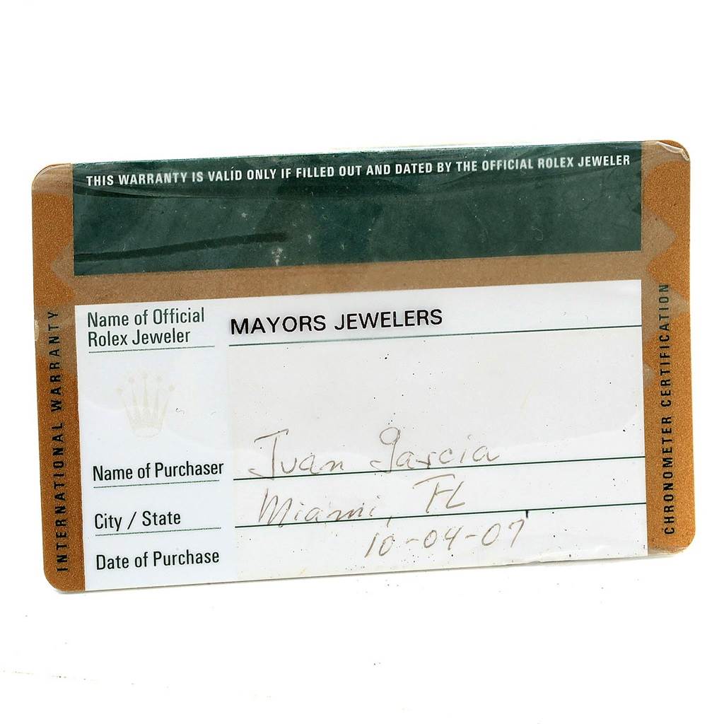The image shows a filled-out warranty card for a Rolex Datejust 179174 Women
s Stainless Steel White Dial 179174 Women
s Stainless Steel White Dial watch from Mayors Jewelers.