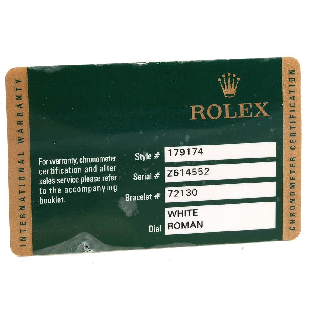 This image shows the warranty and chronometer certification card for a Rolex Datejust 179174 Women
s Stainless Steel White Dial 179174 Women
s Stainless Steel White Dial model with serial number Z614552.