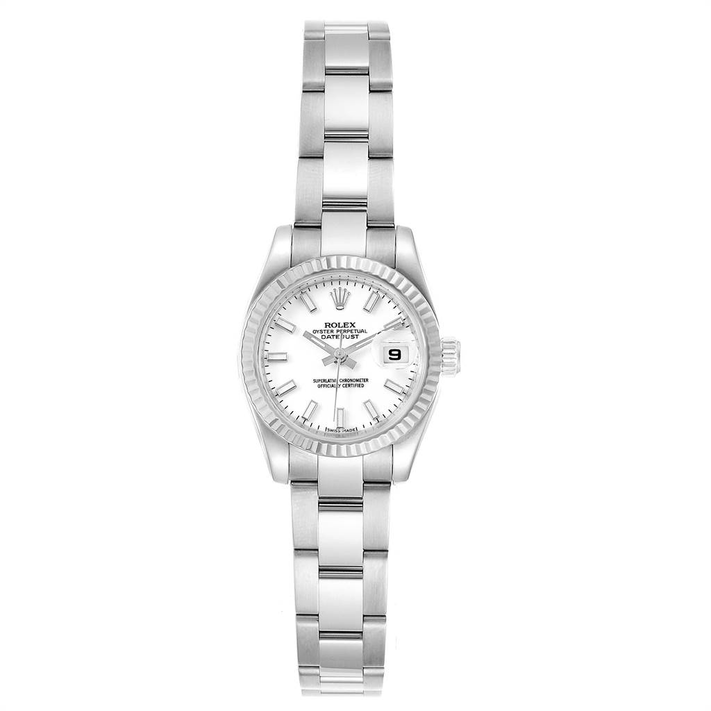 The Rolex Datejust 179174 Women's Stainless Steel White Dial 179174 Women's Stainless Steel White Dial watch is shown from a top-down angle, displaying the full face, bracelet, and clasp.
