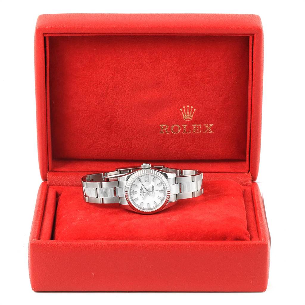 The Rolex Datejust 179174 Women's Stainless Steel White Dial 179174 Women's Stainless Steel White Dial watch is displayed front-facing in a red branded box, showing the dial, bracelet, and crown.