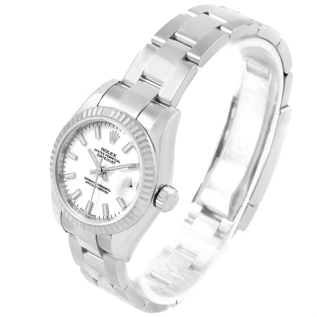 The image shows a Rolex Datejust 179174 Women's Stainless Steel White Dial 179174 Women's Stainless Steel White Dial watch at a three-quarter angle, highlighting the dial, bezel, crown, and bracelet.