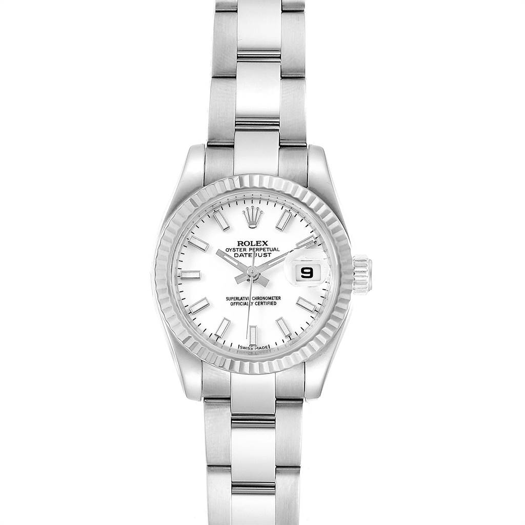 The image shows a front view of a Rolex Datejust 179174 Women's Stainless Steel White Dial 179174 Women's Stainless Steel White Dial watch displaying its dial, bezel, bracelet, and date window.