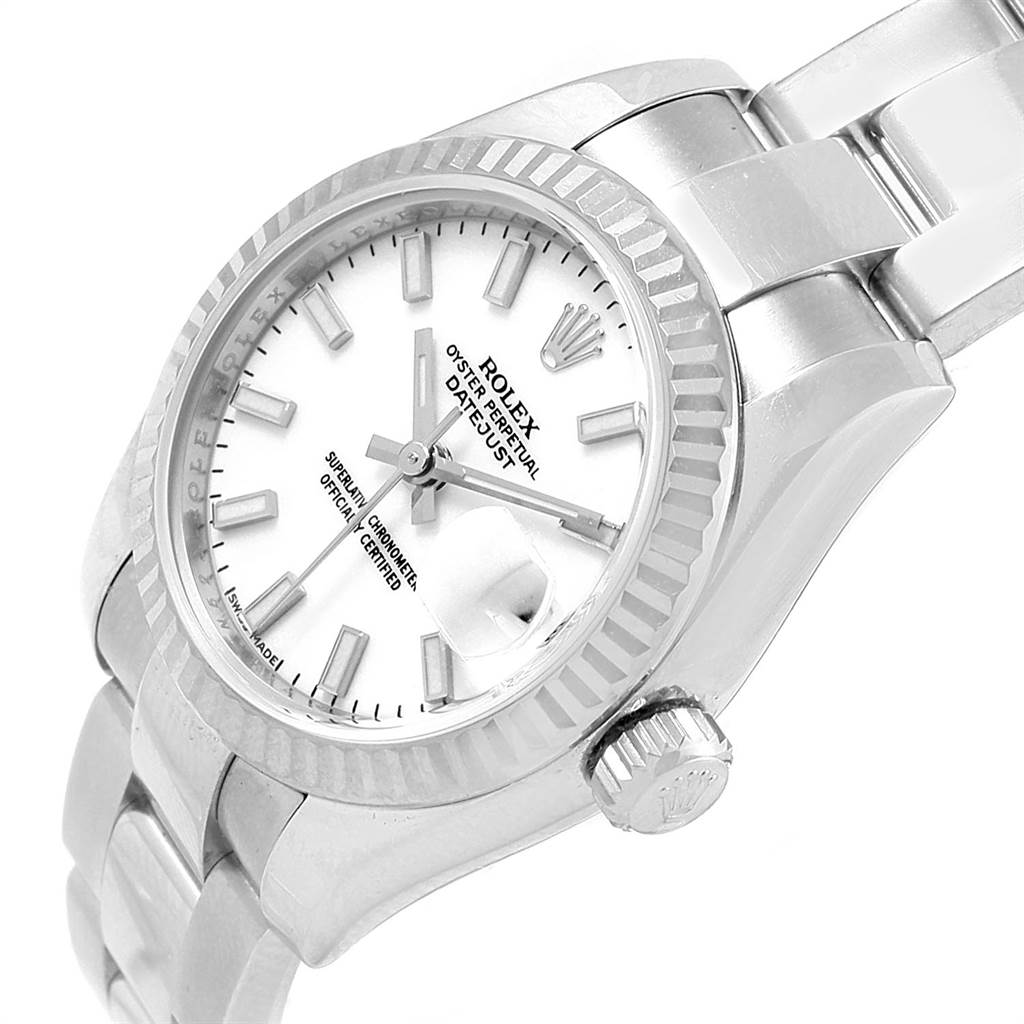 The image shows the face and part of the bracelet of a Rolex Datejust 179174 Women's Stainless Steel White Dial 179174 Women's Stainless Steel White Dial watch from an angled top-down perspective.