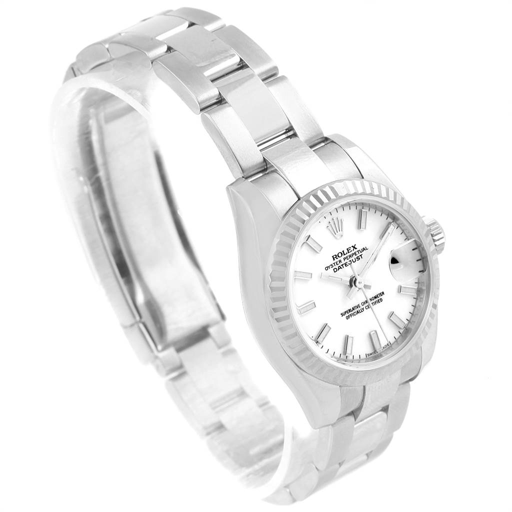 The image shows a Rolex Datejust 179174 Women's Stainless Steel White Dial 179174 Women's Stainless Steel White Dial watch at a slight angle, highlighting the face, bezel, and part of the bracelet.