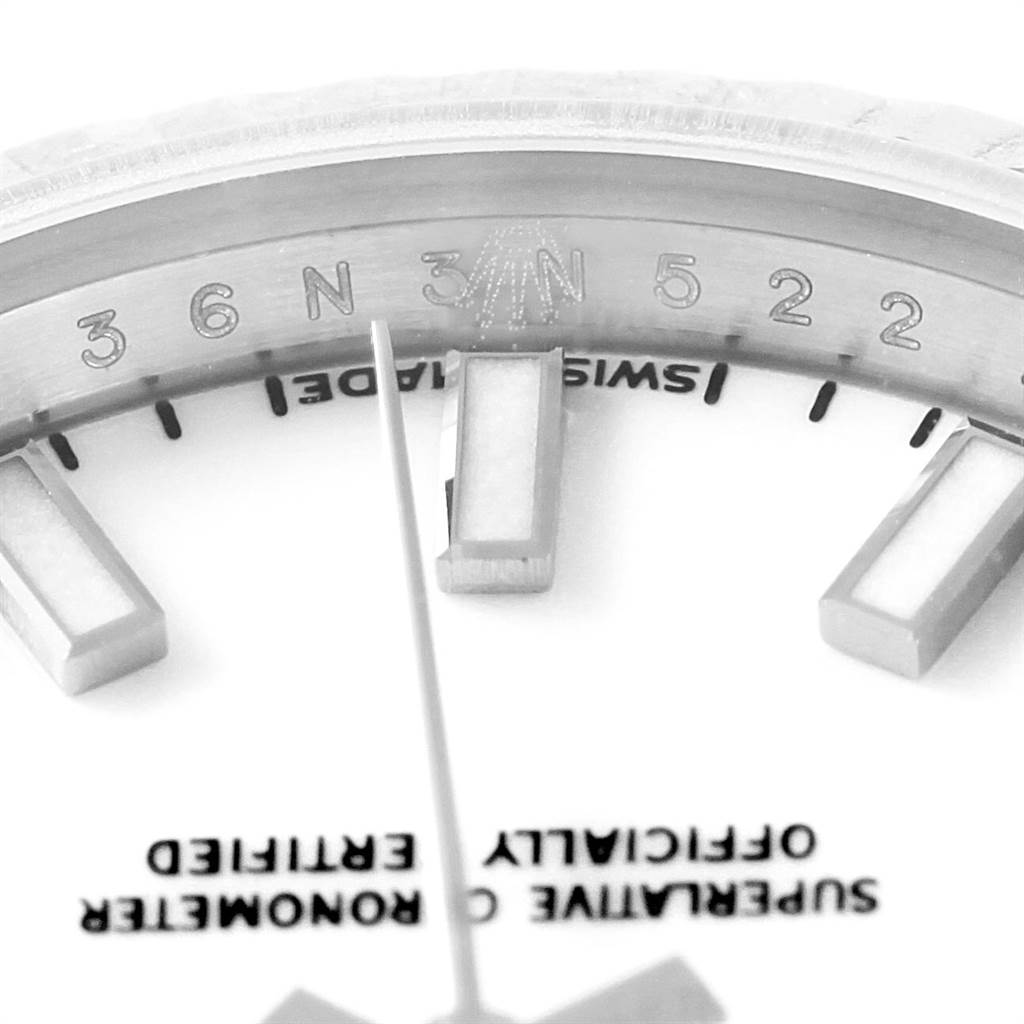 The close-up image displays a partial view of the dial and markers of a Rolex Datejust 179174 Women's Stainless Steel White Dial 179174 Women's Stainless Steel White Dial watch.