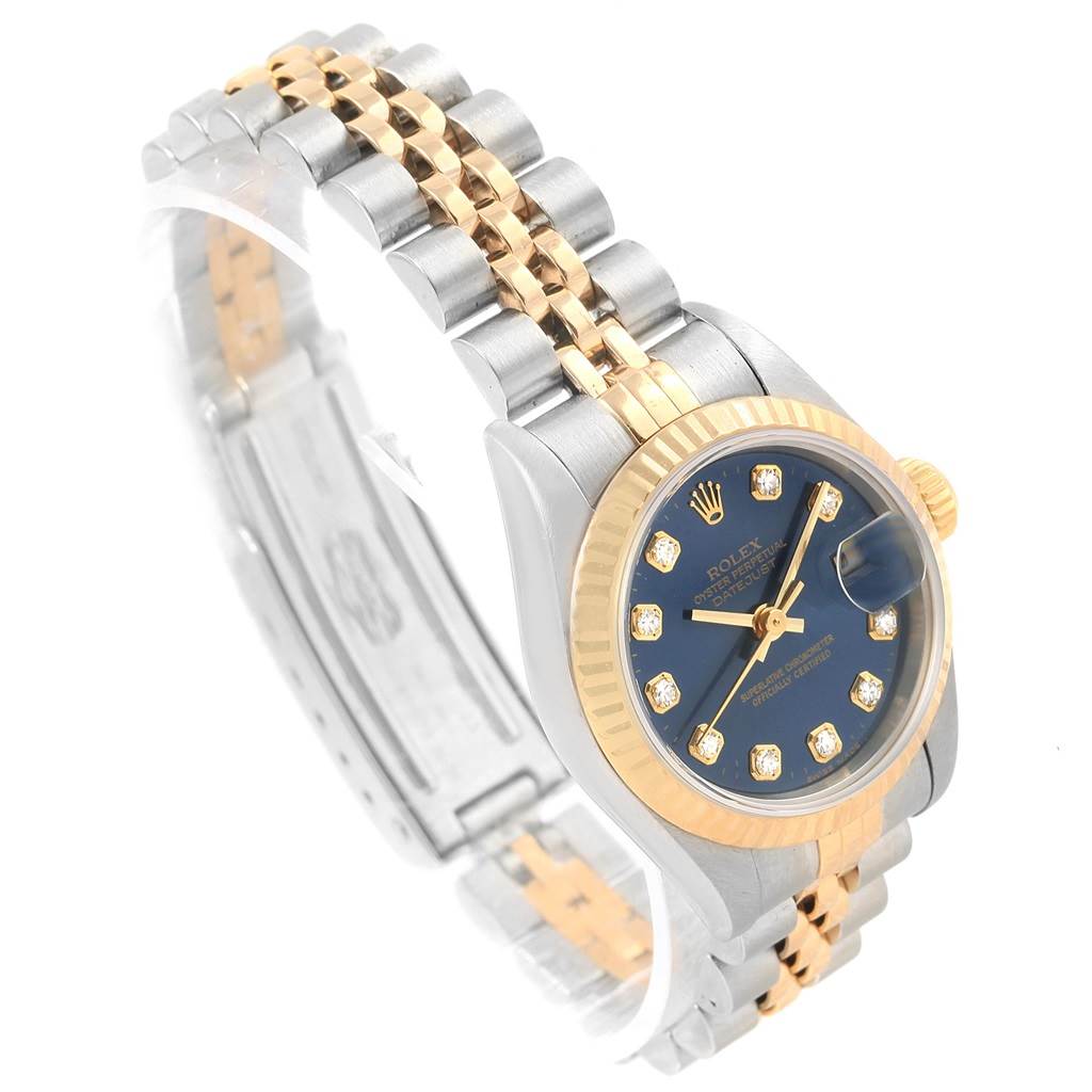 The image shows a side and front angle of a Rolex Datejust 69173 Women's Stainless Steel Blue Dial 69173 Women's Stainless Steel Blue Dial watch, featuring the bracelet, bezel, and dial.