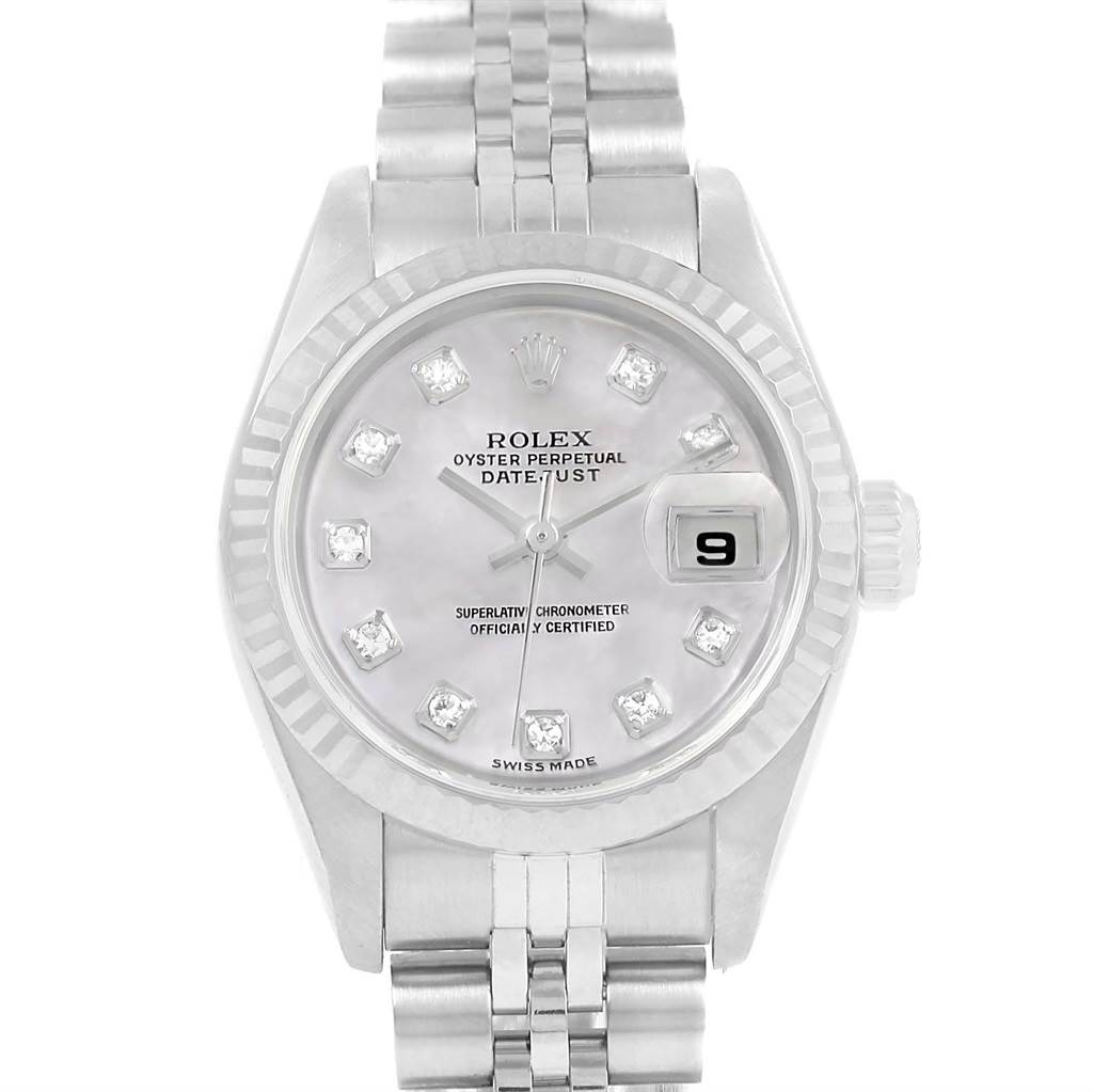 The Rolex Datejust 79174 Women
s Stainless Steel Mother of Pearl Dial 79174 Women
s Stainless Steel Mother of Pearl Dial watch is shown from a front angle, displaying the dial, bezel, and bracelet.